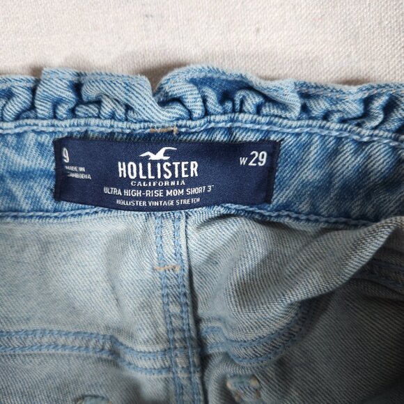 Hollister Mom Shorts W29 9 Ultra High Rise Paperbag Waist Button Fly Blue Denim - Picture 3 of 15